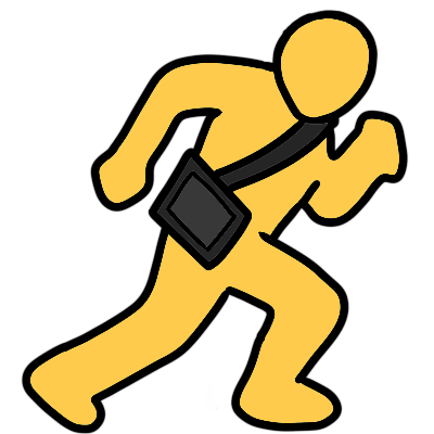 a yellow figure running to the right, wearing an AAC tablet on a black shoulder strap.